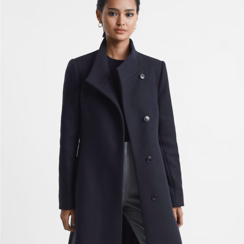 Reiss Mia wool blend mid length coat in navy